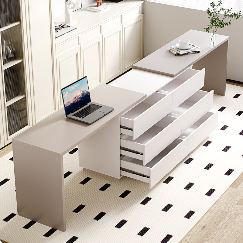  Table de bureau extensible pour 2 personnes avec 6 tiroirs de rangement, Gris / Ivoire