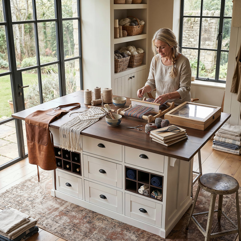 Expandable Farmhouse Craft Table With Storage Drawers, Wine Cubbies & Fold-Out Workspace For Sewing, Crafting, And Home Projects