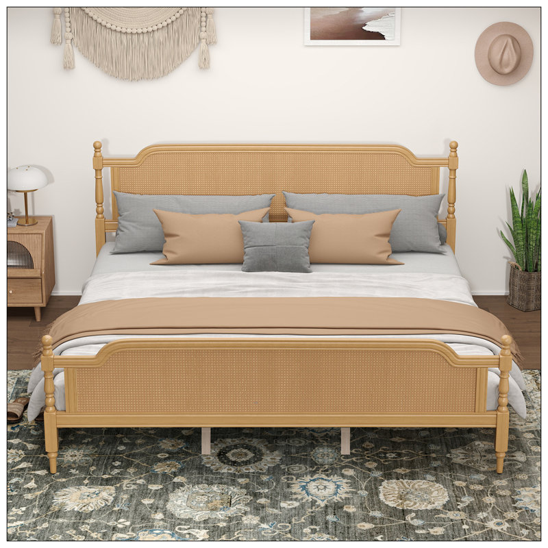 Lit plateforme, style bohème, pin, Blanc / noyer, Grand