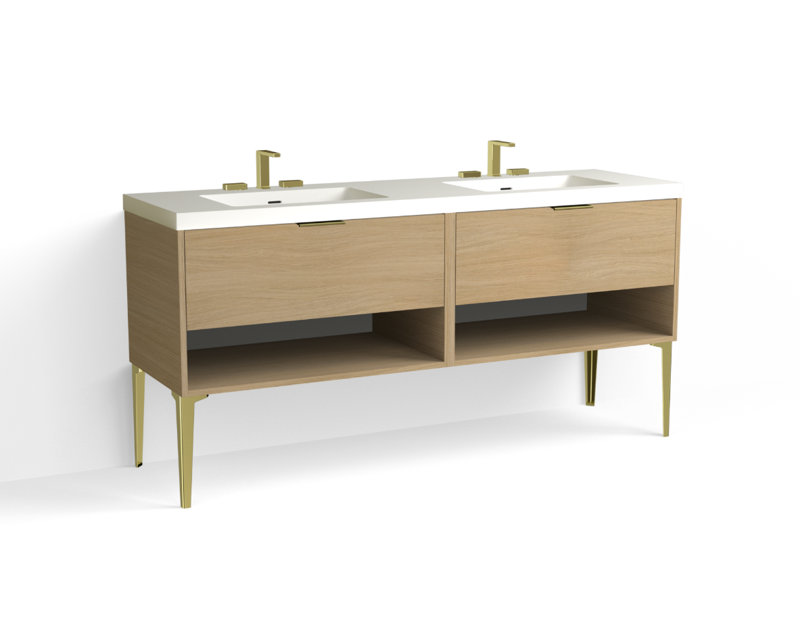 Modo 72" W Freestanding Double Bathroom Vanity with Dean Leg, Satin Brass, Matte White/8" Widespread, Nocino