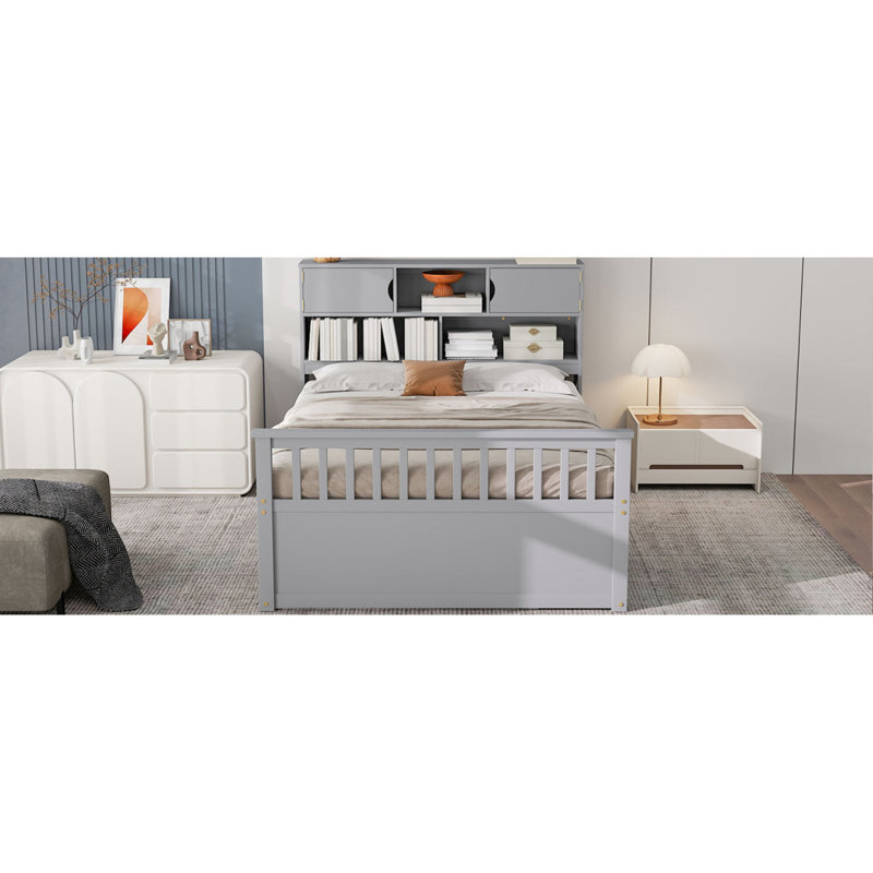 Structure de lit plateforme double pleine grandeur avec bibliothèques de rangement et tablettes, quatre tiroirs,, Gris