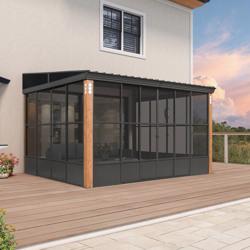 Pavillon de jardin mural en aluminium toutes saisons avec finition en grain de bois pour terrasse de patio 10 pi x 12 pi PURPLE LEAF