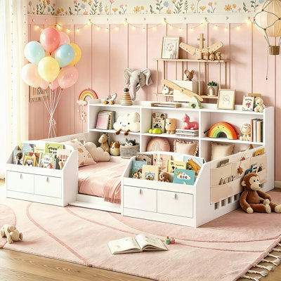Montessori Floor Bed with Bookcase & Guardrails Storage Kids Grounded Bed, Mother & Child Low-Profile Bed
