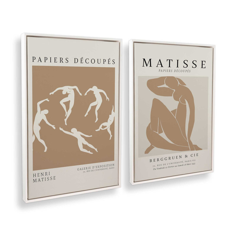 Ensemble de 2 Matisse La Danse et Nus Brun, Cadre flottant blanc opaque, H 19 po x l 26 po
