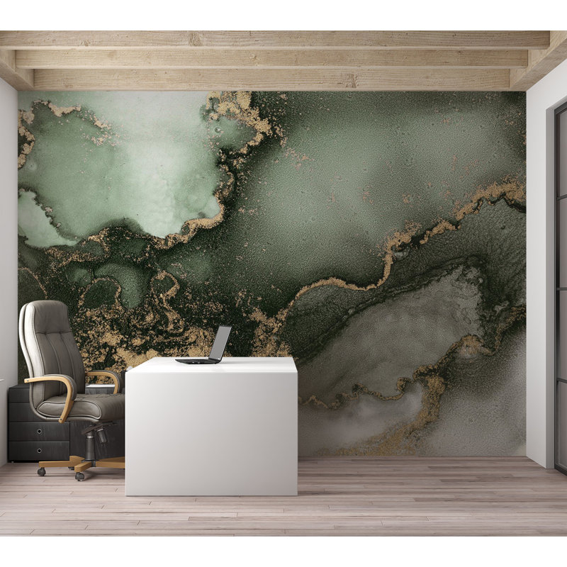 Murale pelez et collez - Inspiration aquarelle or vert, L 100 po x l 135 po