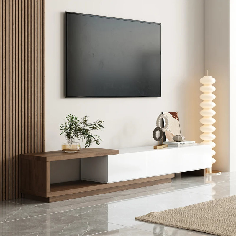 Tymeo 100.4'' W Modern TV Stand Retracted & Extendable 3-Drawer Media Console Walnut, White/Wood