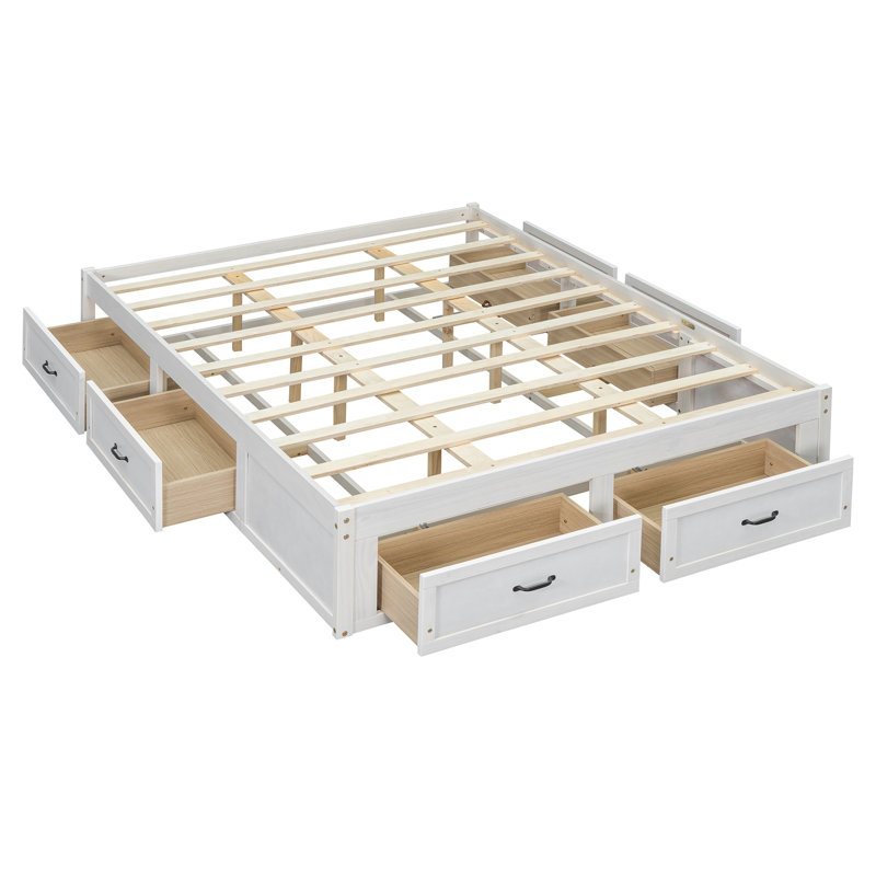Lit plateforme avec 6 tiroirs de rangement, Grand lit, Blanc antique