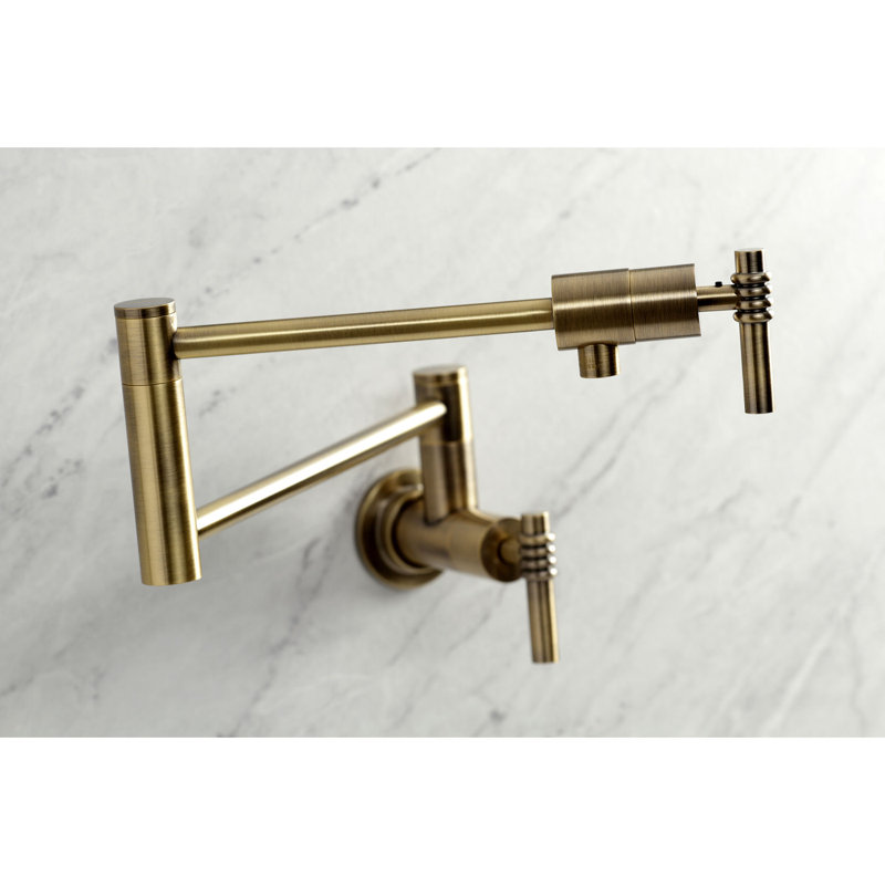 Kingston Brass Manhattan Two-Handle 1-Hole Wall Mount Pot Filler Faucet, Antique Brass, Lever Curly