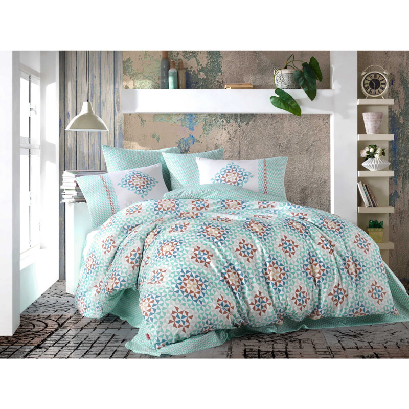 Ensemble de housse de couette 100% coton double Ranforce, turquoise et blanc, 79 po x 87 po | Comprend 2 taies d'oreiller (20 x 27 po) et un drap plat (94 x 102 po) | Lavable à la machine, fermeture à boutons et enveloppes | Literie douce, durable et élégante