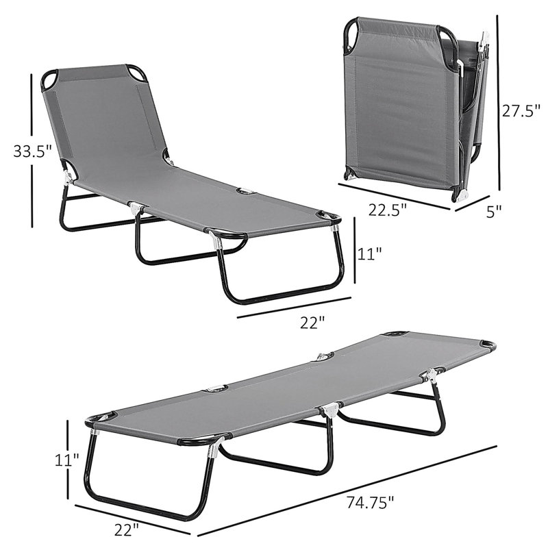 Outsunny 2 Piece Folding Chaise Lounge Pool Chairs, Outdoor Sun Tanning Chairs with 5-Level Reclining Back, Steel Frame for Beach, Yard, Patio, Dark Gray