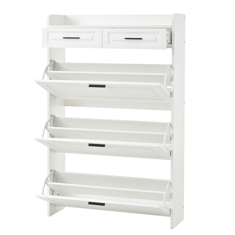 Deux tiroirs, trois portes pliantes, grande armoire à chaussures de rangement, blanc
