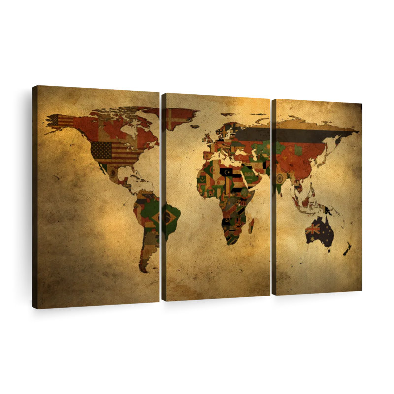 Drapeaux de la carte du monde 3 pièces, H 32 po x l 50 po x P 1,25 po