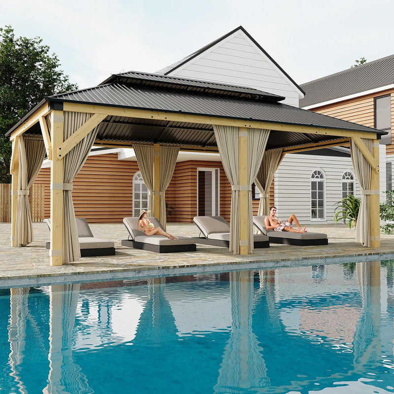 12x20FT Wooden Frame Gazebo with Double Roof, Hardtop Canopy & Netting for All Weather