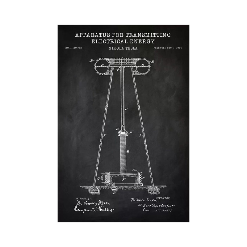 Tesla Apparatus For Transmitting Electrical Energy, Black by PatentPrintStore - Wrapped Canvas Print, 20.32 cm H x 30.48 cm W