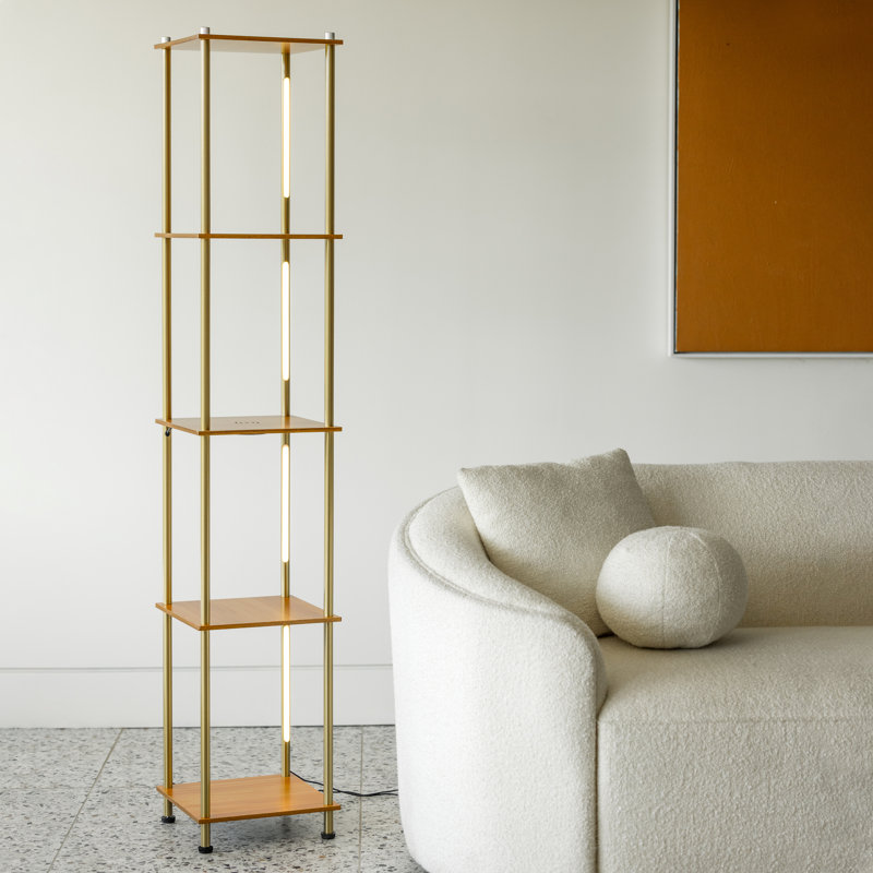 Aria 63 in. 3-Way Dimming LED Shelf Floor Lamp with Built-In Wireless Charging Pad, Brass