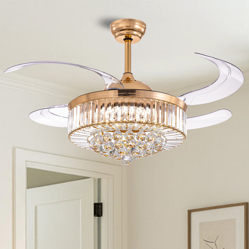 Houstyn Dimmable Crystal Ceiling Fan with LED Lights & Remote Control, Gold, 48"