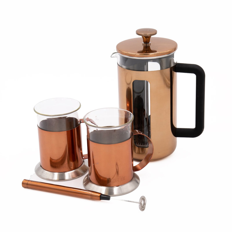 La Cafetière 3pc Set with Copper Pisa 8-Cup Cafetière, Milk Frother and 2x Copper Coffee Mugs