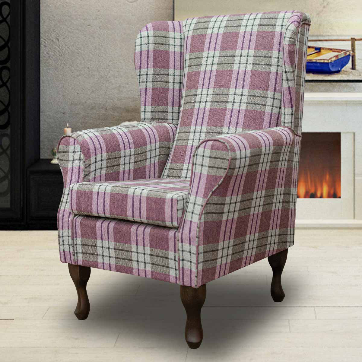 Beaumont Pink Tartan Wingback Armchair