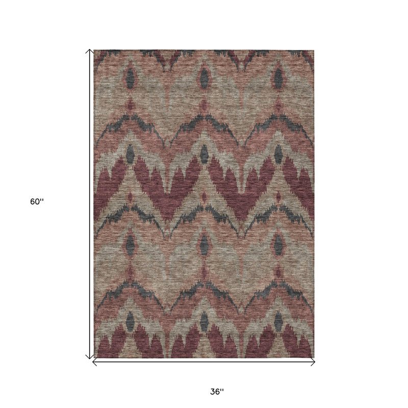 3' X 5' Burgundy Beige And Charcoal Ikat Washable Indoor Outdoor Area Rug