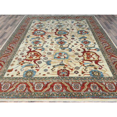 9'x11'4" Ivory Afghan Peshawar Heris Design Wool Hand Knotted Rug 4B340E7FAD524CB8B4836E8AF99706F2