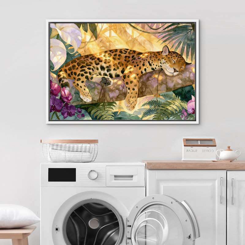 «Sleeping Leopard Tropical Jungle», reproduction d'art sur toile encadrée, H 16 po x l 24 po, Blanc