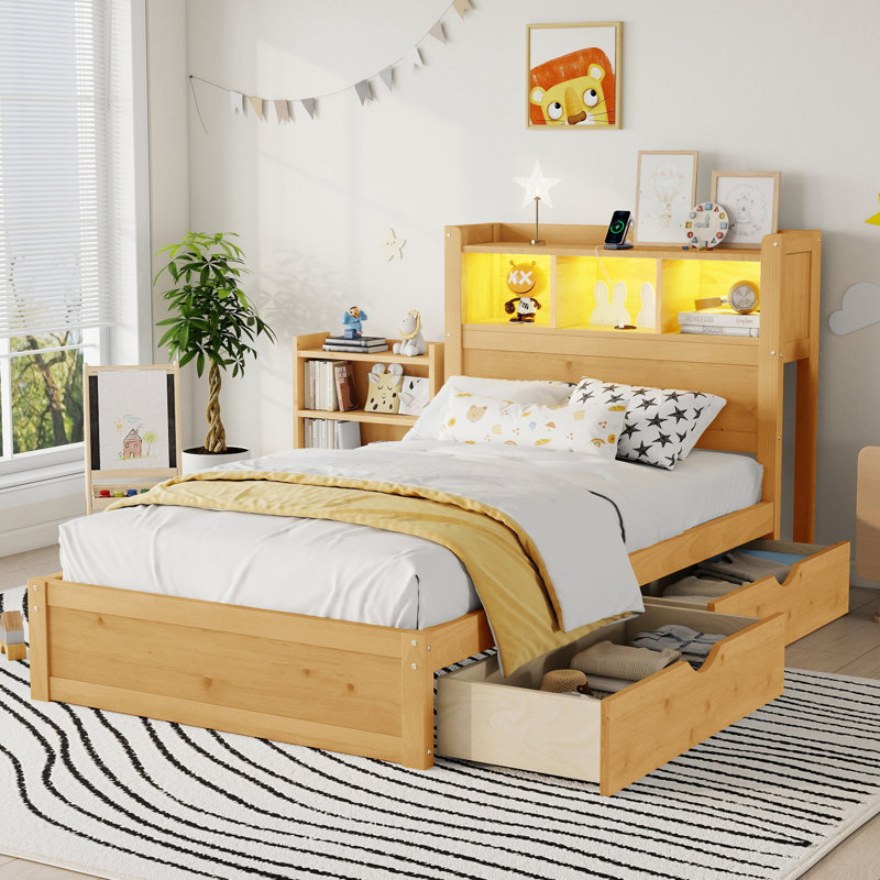 Twin Wood Bed with Storage Headboard, LED Light, Drawers & Pull-Out Cabinet – Space-Saving Modern Design, Natural, Natural