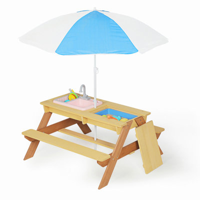 Wooden Kids Picnic Table, Sand and Water Table with Umbrella, Activity Table for Outdoor Backyard Patio Play