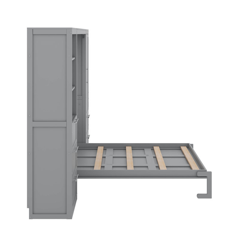 Grand lit escamotable mural avec placard, tiroirs et tablettes, gris