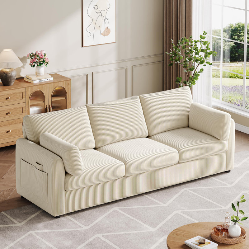 79" Striped Corduroy Upholstered 3 Seater Sofa With Armrest Pockets, Beige