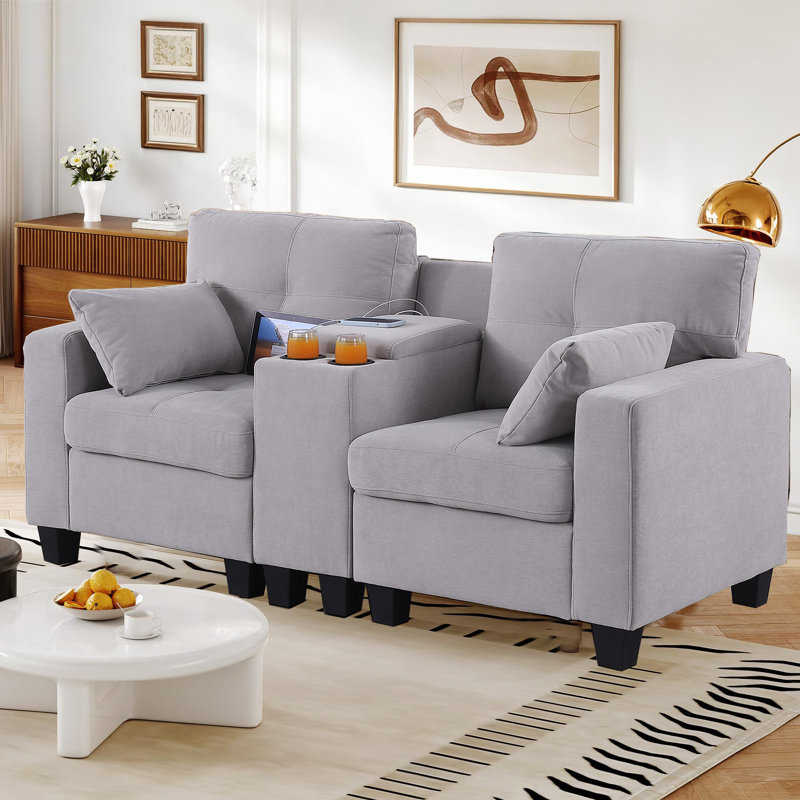 Modular Sofa With Storage, Cupholders, USB Port, Light Gray