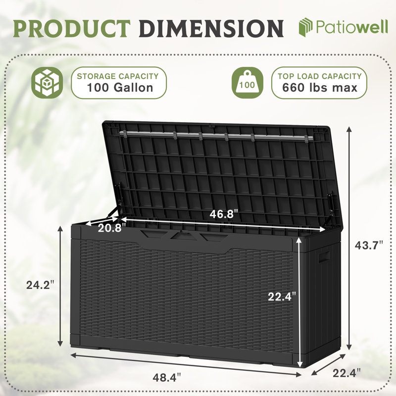 100 Gallons Water Resistant Resin Lockable Deck Box, Black