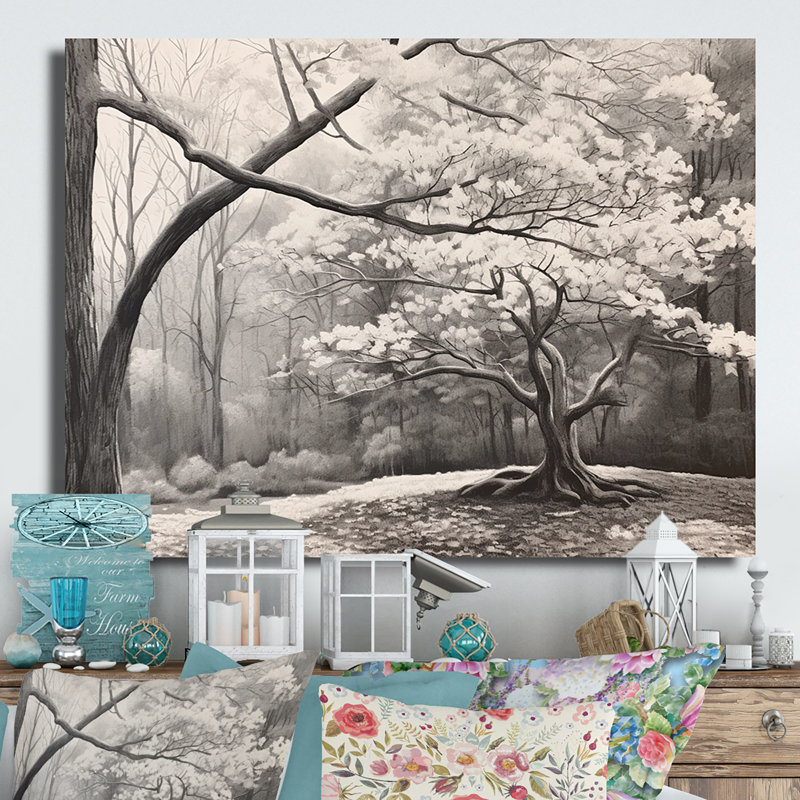 Cornouiller blanc et gris en hiver - décoration murale florale en métal, H 12 po x l 20 po