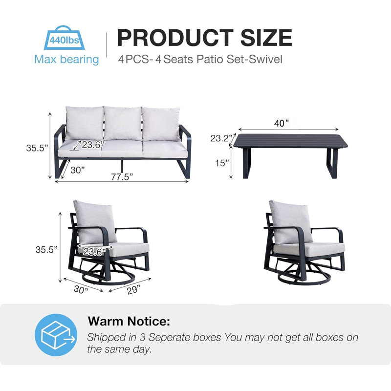 Ensemble de conversation d'extérieur en aluminium avec canapé, chaises berçantes pivotantes et table basse Ralen
