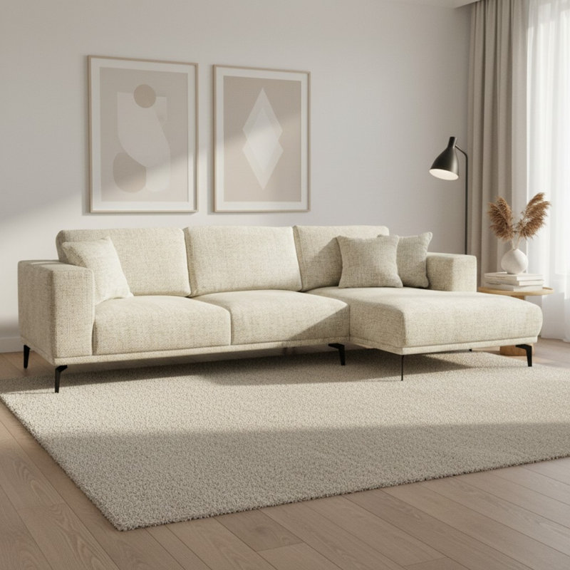 Riviera 4 Seater Corner Sofa, Fabric, 286cm Modern L-Shaped with Metal Legs, Right Hand Facing, Cream