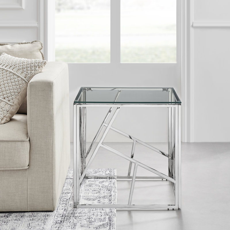 Alma Luxury Frame Glass Side Sofa Table - Modern Glam Design, Silver