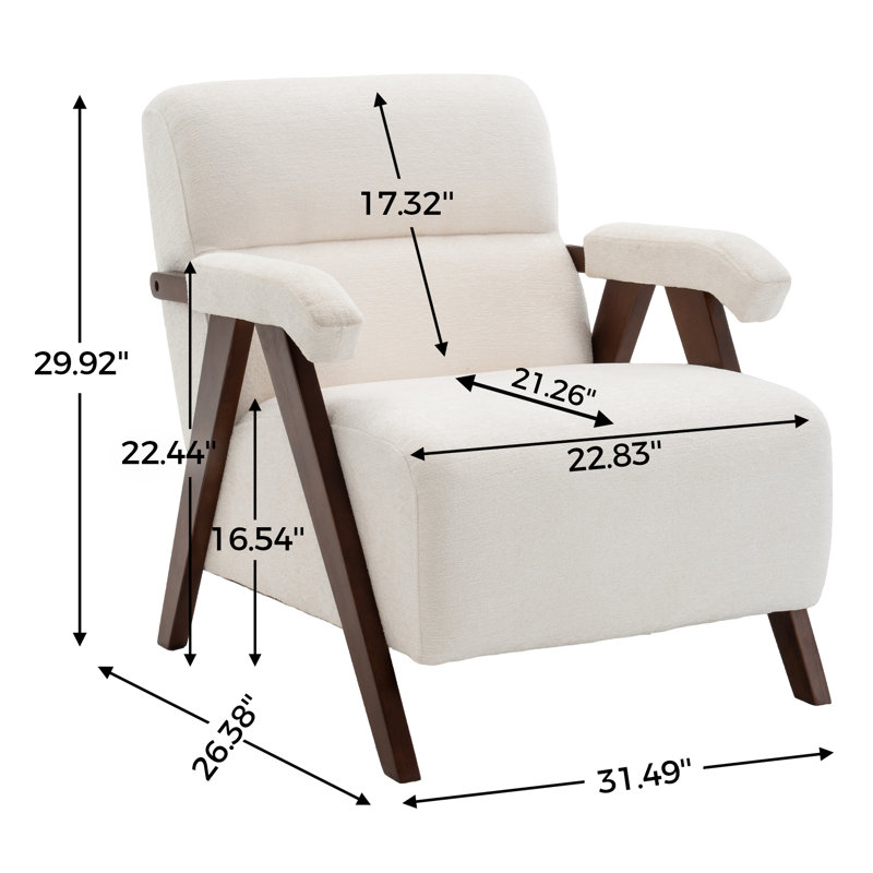 Mid Century Upholstered Arm Accent Chair with Solid Wood Legs, Ivory