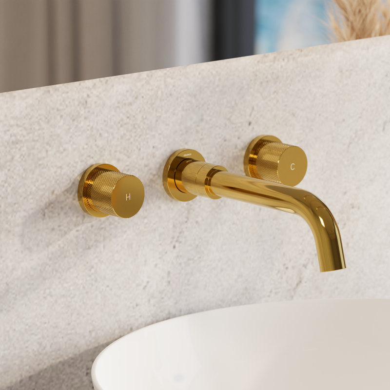 Angelsey Bathroom Sink Faucet with Pop-Up Drain, 2-Handle Modern Wall-Mount Faucet in Vibrant Titanium, Vibrant French Gold