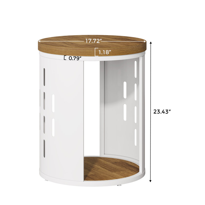 Table de bout ronde à 2 niveaux avec tablette de rangement, plateau en bois rustique et structure en métal blanc pour les salons et les petits espaces