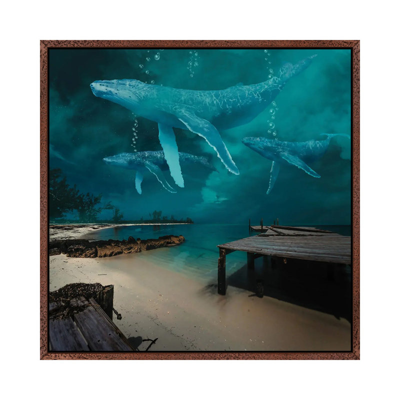 Ghost Whale At Night by David Loblaw - Print on Canvas, Classic Brown Wood Framed, 45.72 cm H x 45.72 cm W