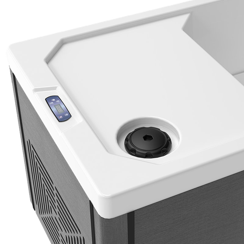 Icelin Indoor/Outdoor Cold Plunge Tub with Integrated Chiller, Temperature Control Panel, LED Light, Water Jets & Built‑In Seat – Freestanding Wooden Acrylic Design