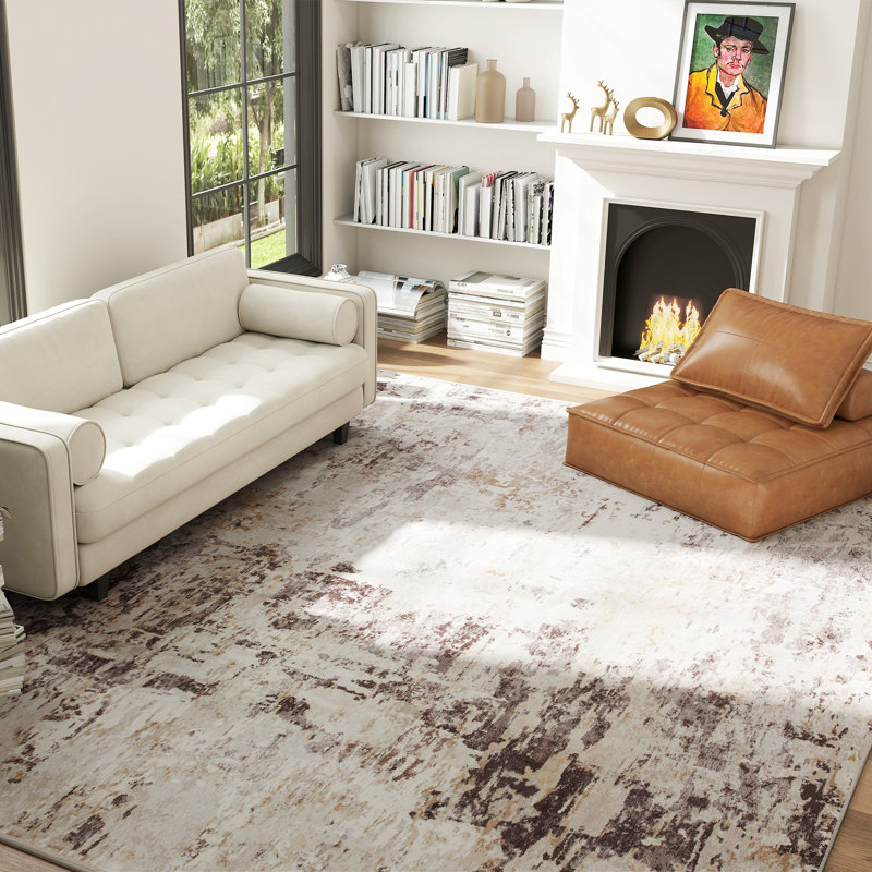 Area Rug, Machine Washable Rug, Distressed Non-Slip Modern Abstract Floor Cover Foldable Carpet for Living Room, Bedroom, Dining Room, Mixed-Brown