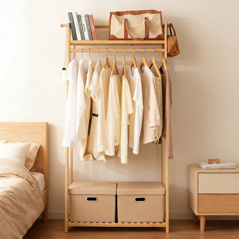 Portant à vêtements en bambou avec tablettes à 2 niveaux, organisateur de garde-robe portatif avec tringle et tablettes de rangement pour la chambre à coucher et le vestibule