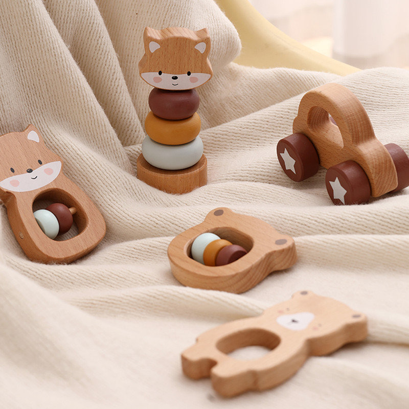 Freniland - Ensemble de hochet en bois pour bébé de 10 ans et plus, ensemble de 5 jouets Fox Koala avec brun