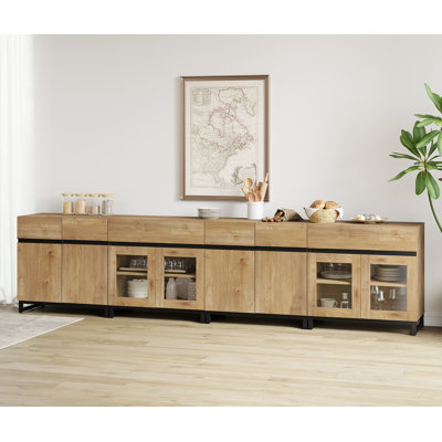 Buffet 4 en 1 avec portes en verre et 2 tiroirs, crédence moderne avec tablette réglable et base en métal, armoire de rangement pour bar et cuisine