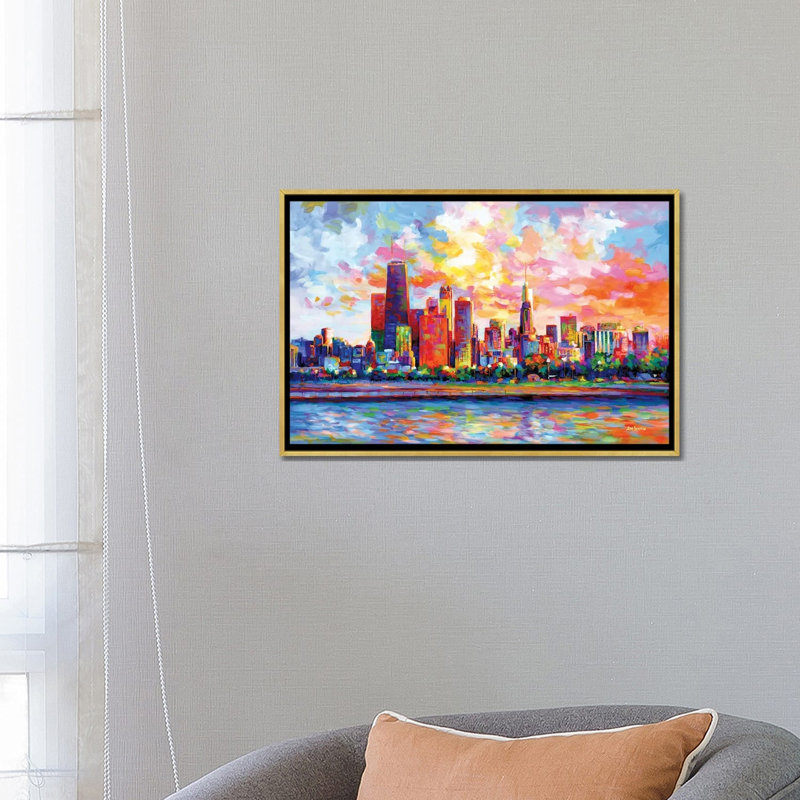 Chicago Skyline by Leon Devenice iCanvas, 18" H x 26" W x 1.5" D, Gold Floater Frame Canvas