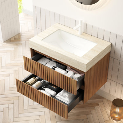 Meuble-lavabo et lavabo 30 po, rangement en contreplaqué rayé flottant, 2 tiroirs, comptoir en pierre frittée, lavabo encastré en céramique, couleur, mécanisme de tiroir à fermeture en douceur, niveau E0, installation facile