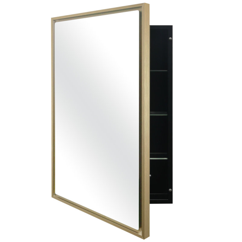 Bathroom Medicine Cabinet with Mirror – Brushed Gold Aluminum Frame, Surface Mount Single-Door Storage Cabinet, Gold Bathroom Vanity Mirror Cabinet