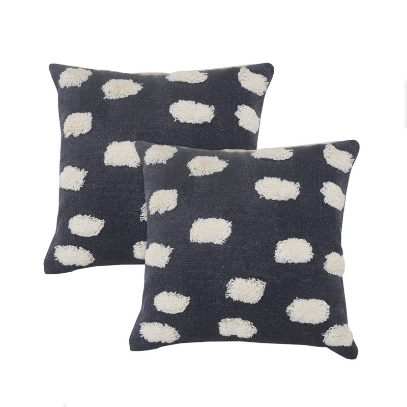 Ensemble de 2 coussins en coton Shawntal Dots Pom-poms, Bleu foncé/blanc