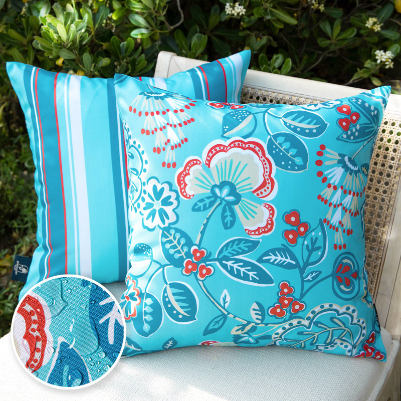 Turquoise Floral 20'' x 20'' Outdoor Reversible Throw Pillow Set
