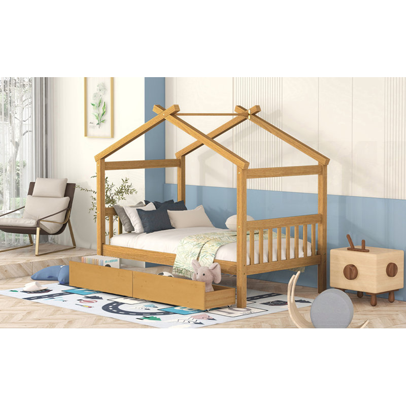 Wooden House Bed With Drawers, Natural, Twin